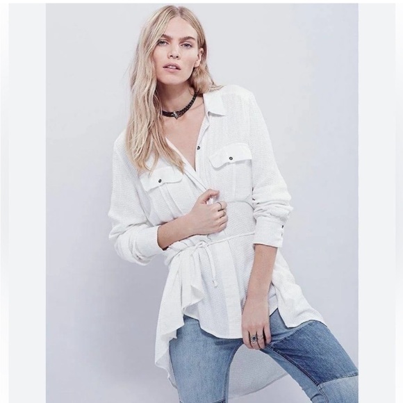 Free People One Of The Guys Long Sleeve Buttondown Top Ivory White Sz MED Boho - Picture 1 of 11